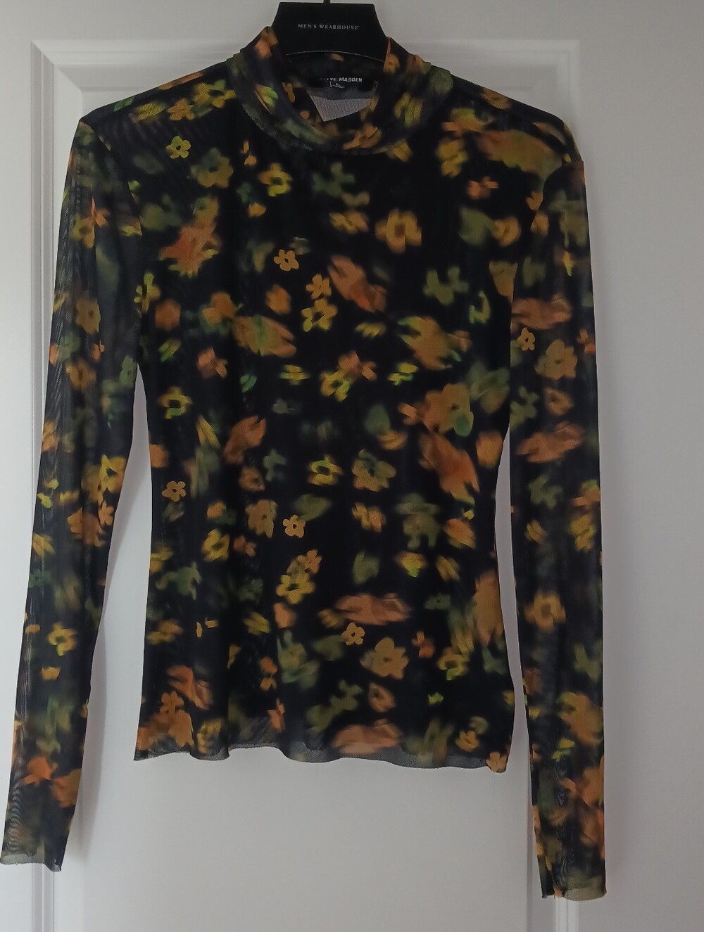 Steve Madden Black Mesh Long-Sleeve Top with Yellow and Green Floral Print